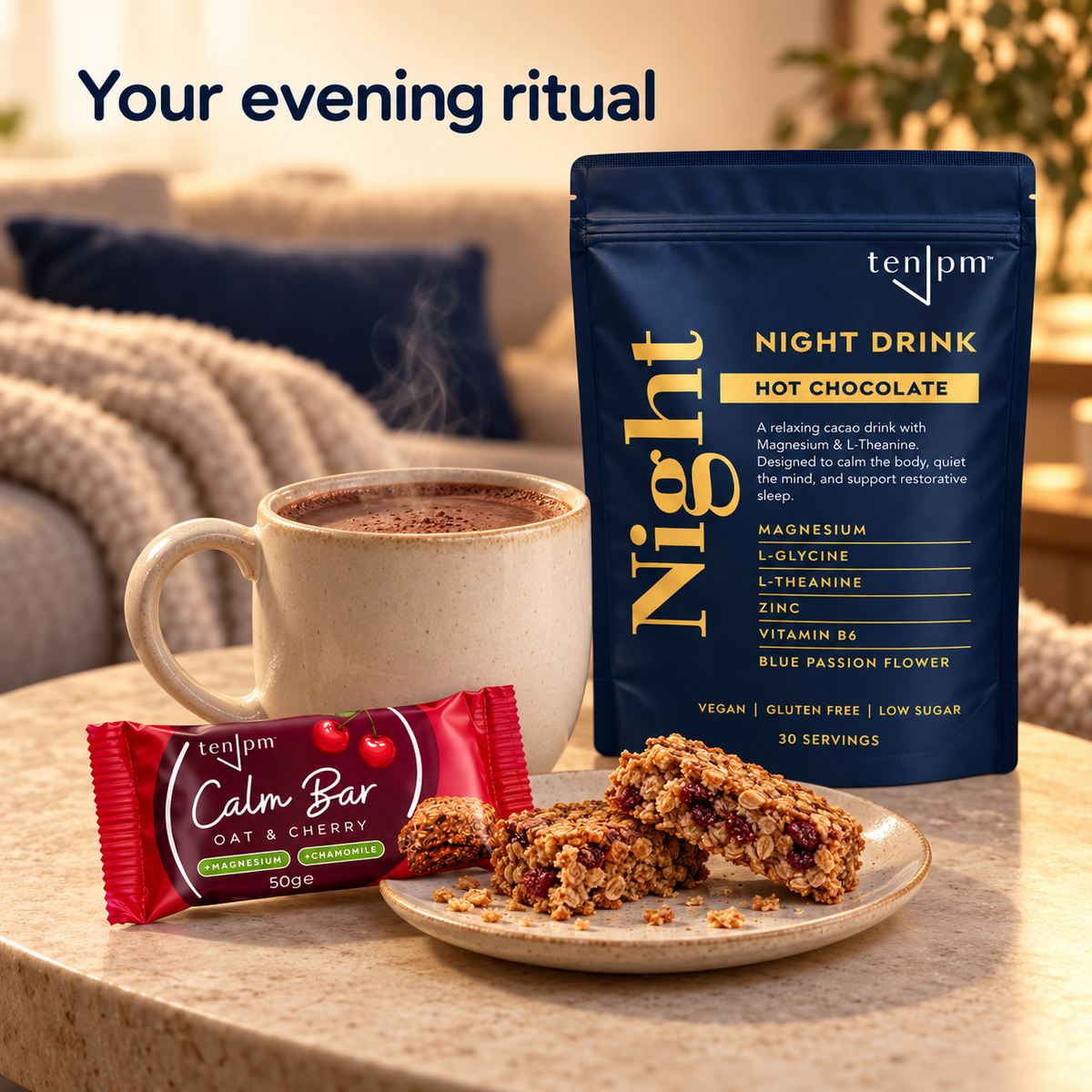 Your evening ritual — Hot Chocolate and Oat & Cherry Calm Bar