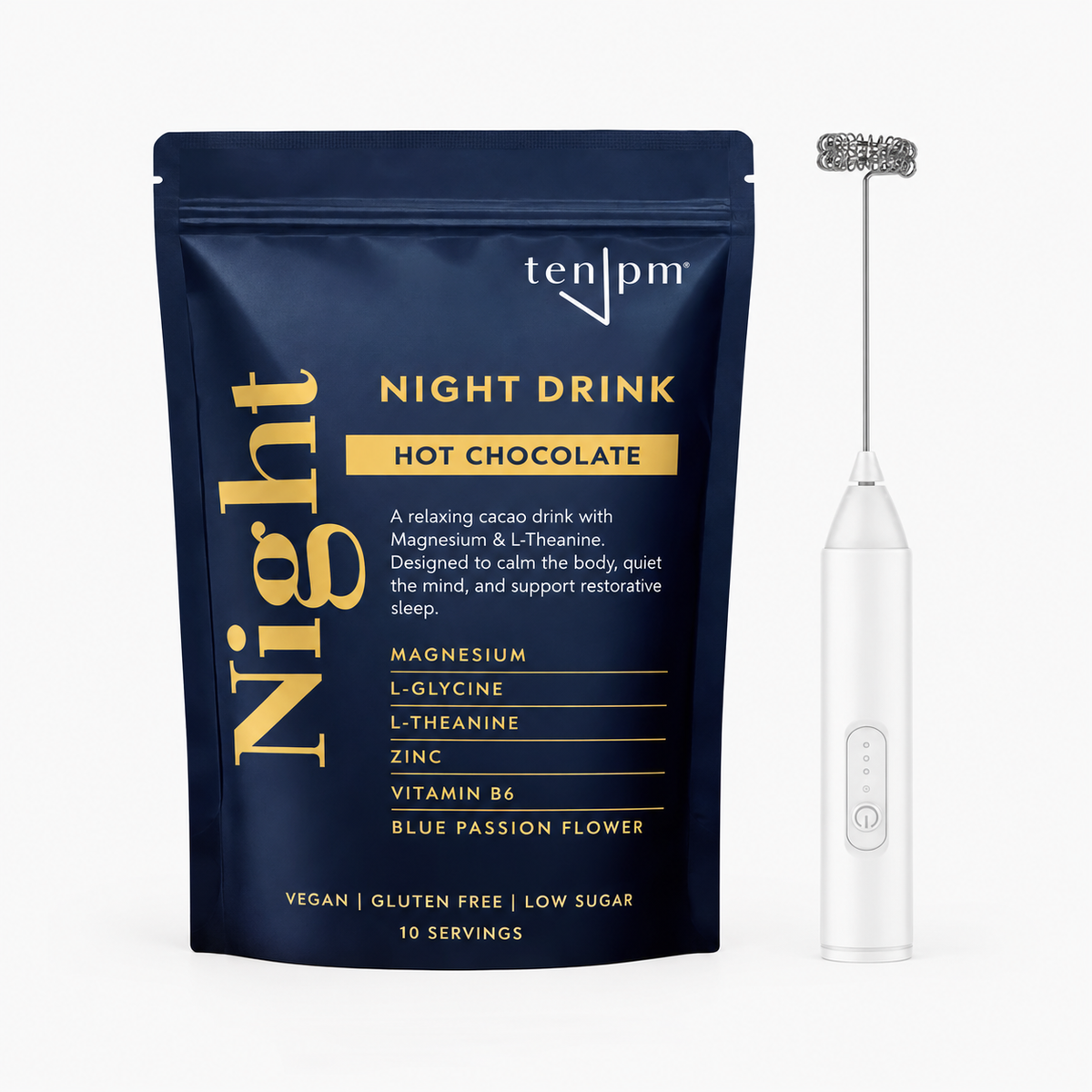 Night Drink Trial Kit: current 10 serving Hot Chocolate pouch and rechargeable whisk