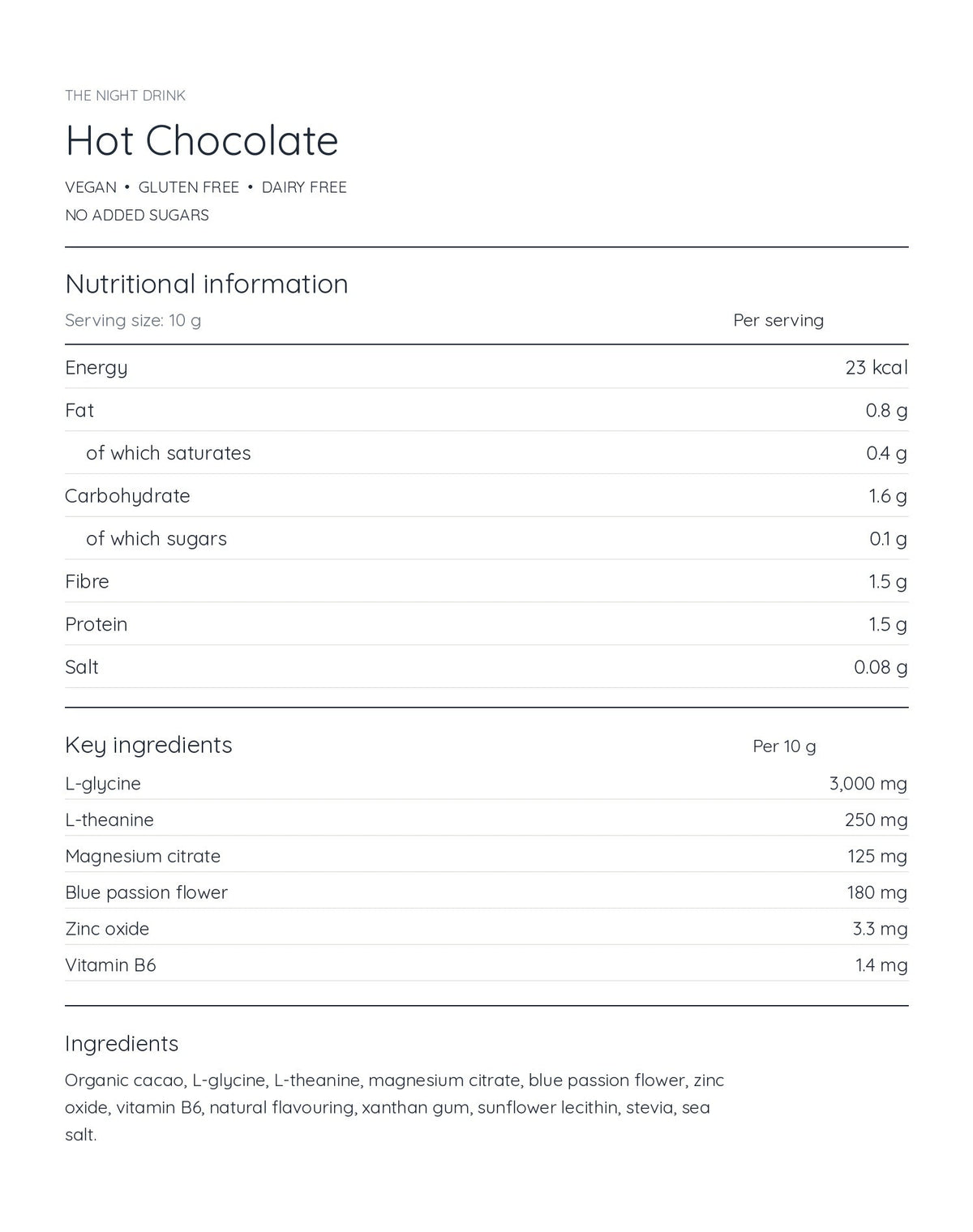 Hot Chocolate nutritional information and ingredients per 10 g serving