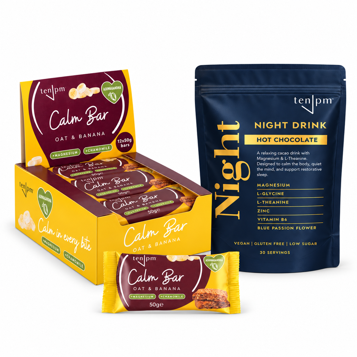 Evening Bundle — 30-serving Hot Chocolate pouch and 12 Oat & Banana Calm Bars