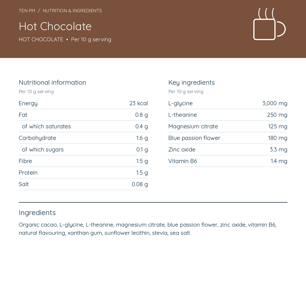 Hot Chocolate nutrition and ingredients per 10g serving — 23 kcal