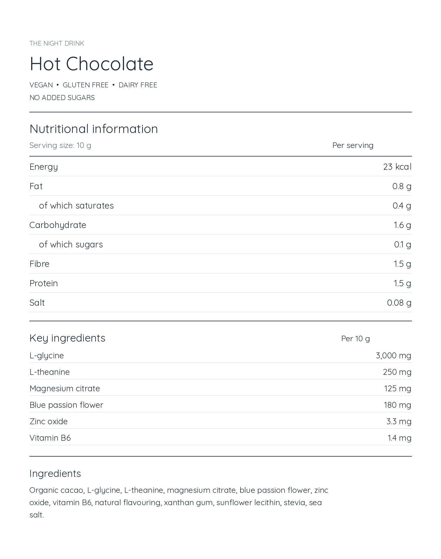 Hot Chocolate nutritional information and ingredients per 10 g serving